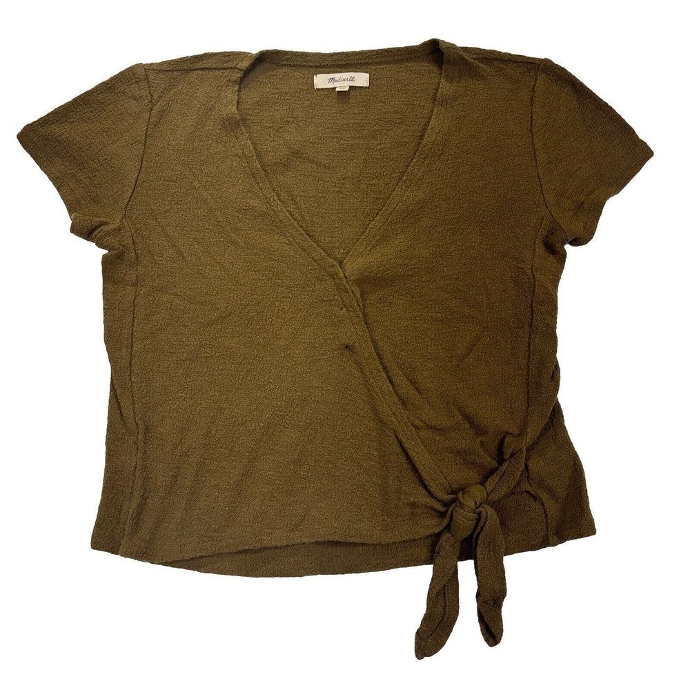 Madewell Womens Top XXS Olive V Neck Wrap Tie Short Sleeve 100% Cotton Boho